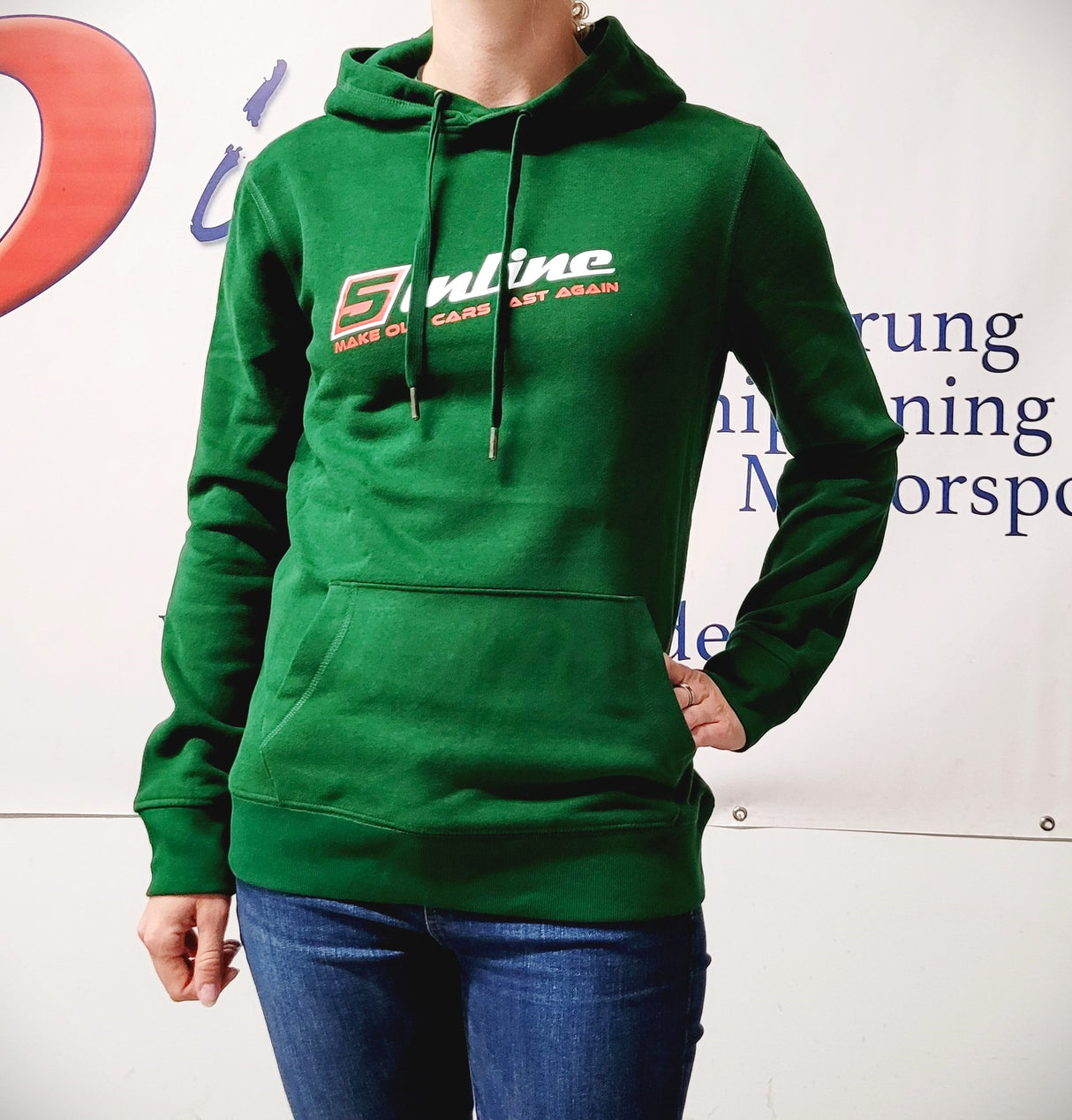 WOMEN'S WEAR Hoodie 5inline Motorsport Bottle-Green"MAKE OLD CARS FAST AGAIN" Sonderangebot