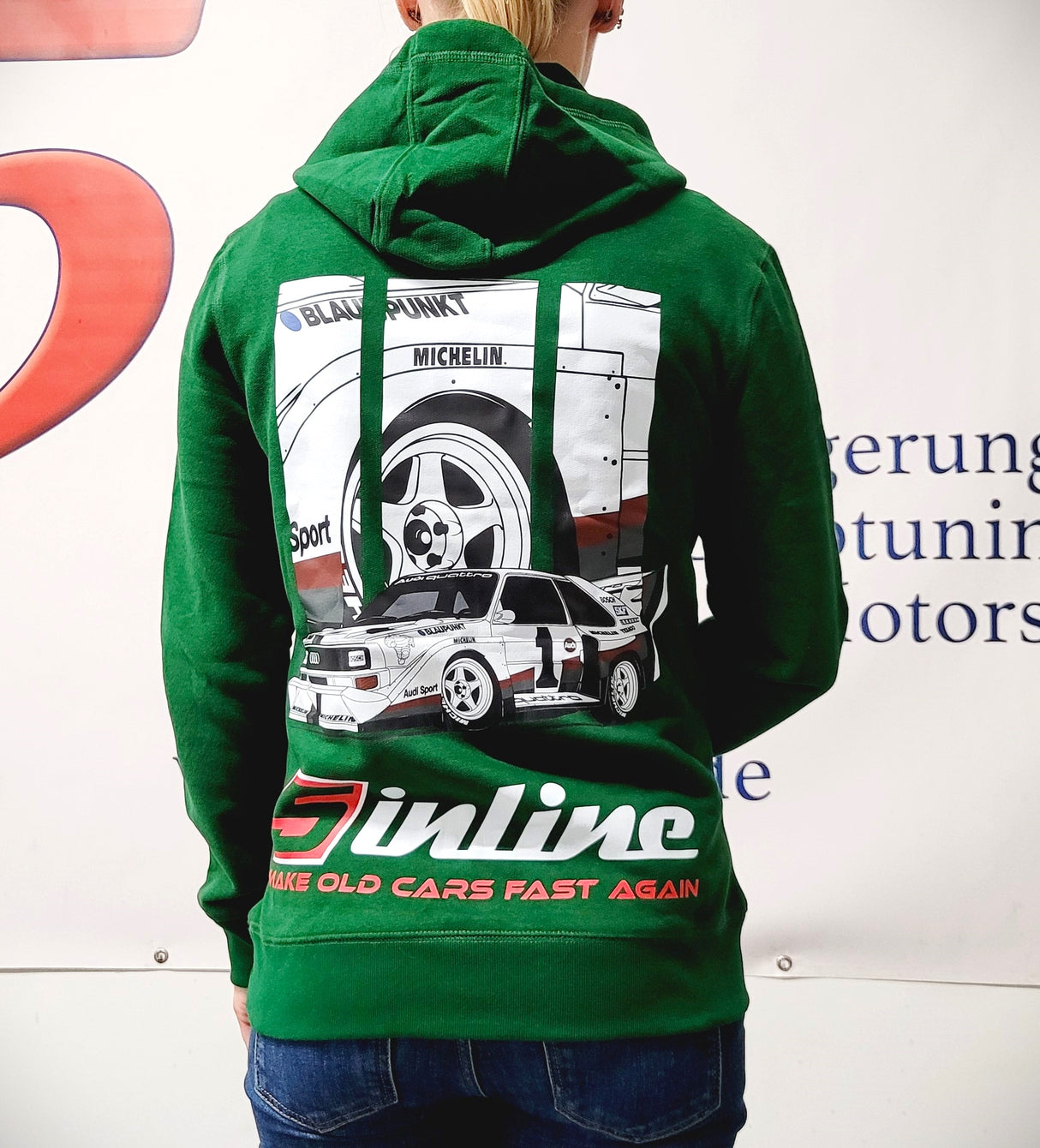 WOMEN'S WEAR Hoodie 5inline Motorsport Bottle-Green"MAKE OLD CARS FAST AGAIN" Sonderangebot